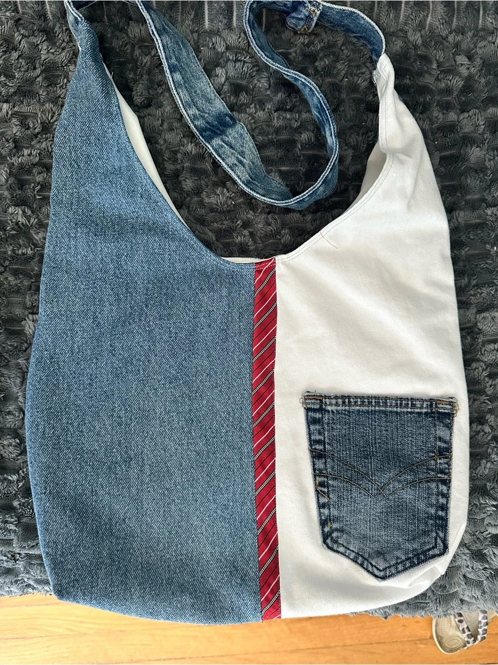 Denim & White Tote Bag with Red Stripe Accent